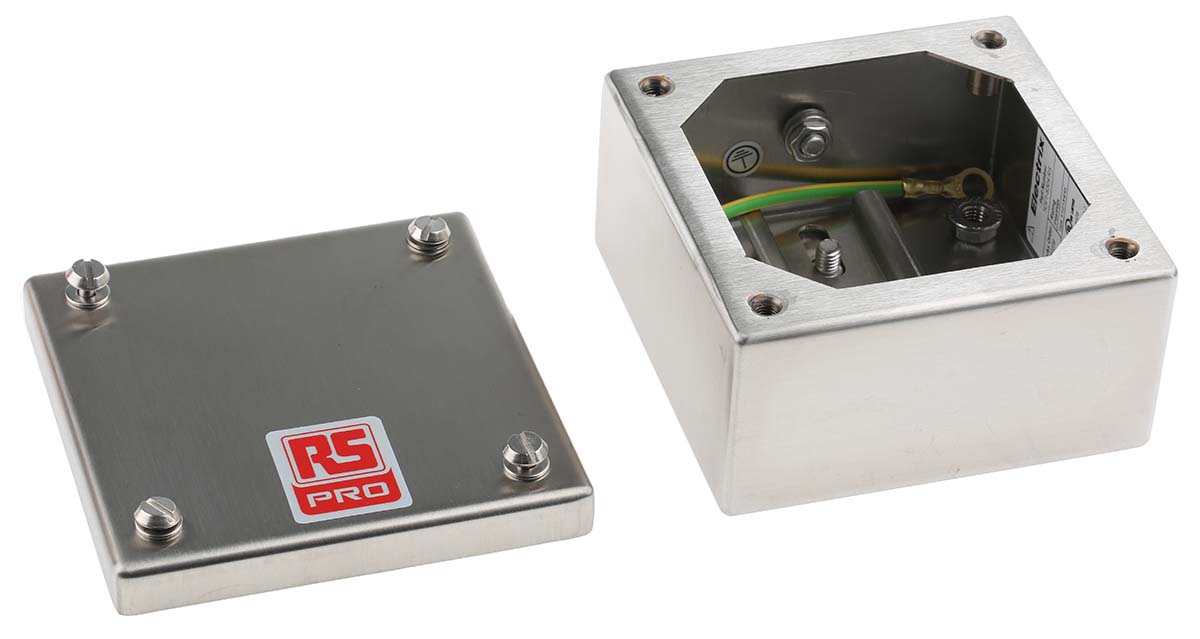 121-9691 RS PRO 304 Stainless Steel Satin Adaptable Enclosure Box 100mm x 100 mm x 50 mm
