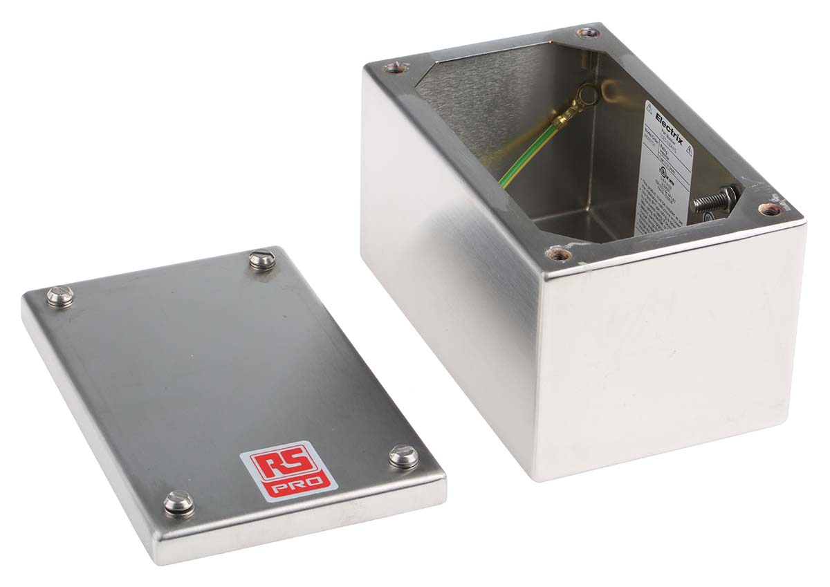 121-9694 RS PRO 304 Stainless Steel Satin Adaptable Enclosure Box 100mm x 160 mm x 85 mm
