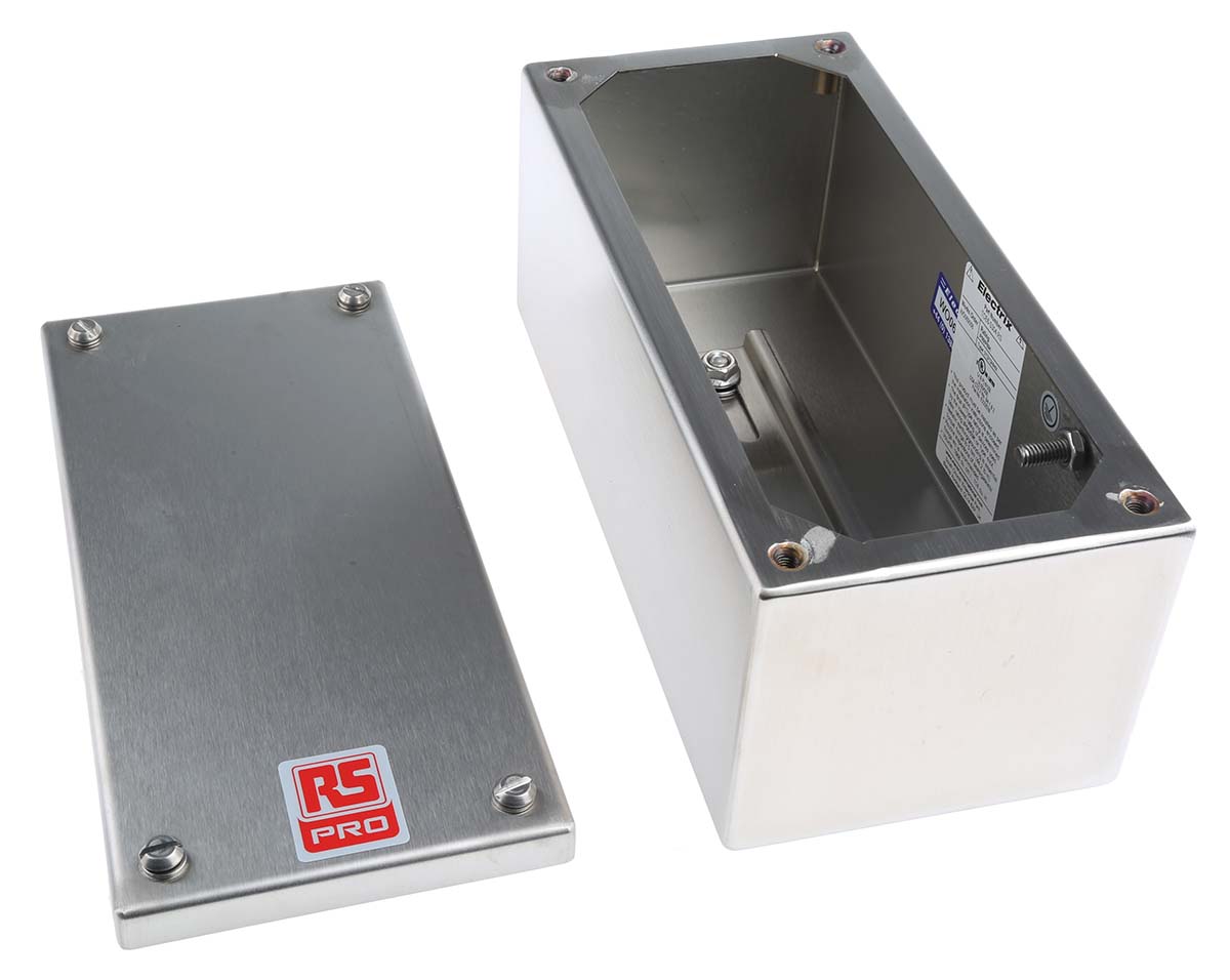 121-9695 RS PRO 304 Stainless Steel Satin Adaptable Enclosure Box 100mm x 220 mm x 85 mm