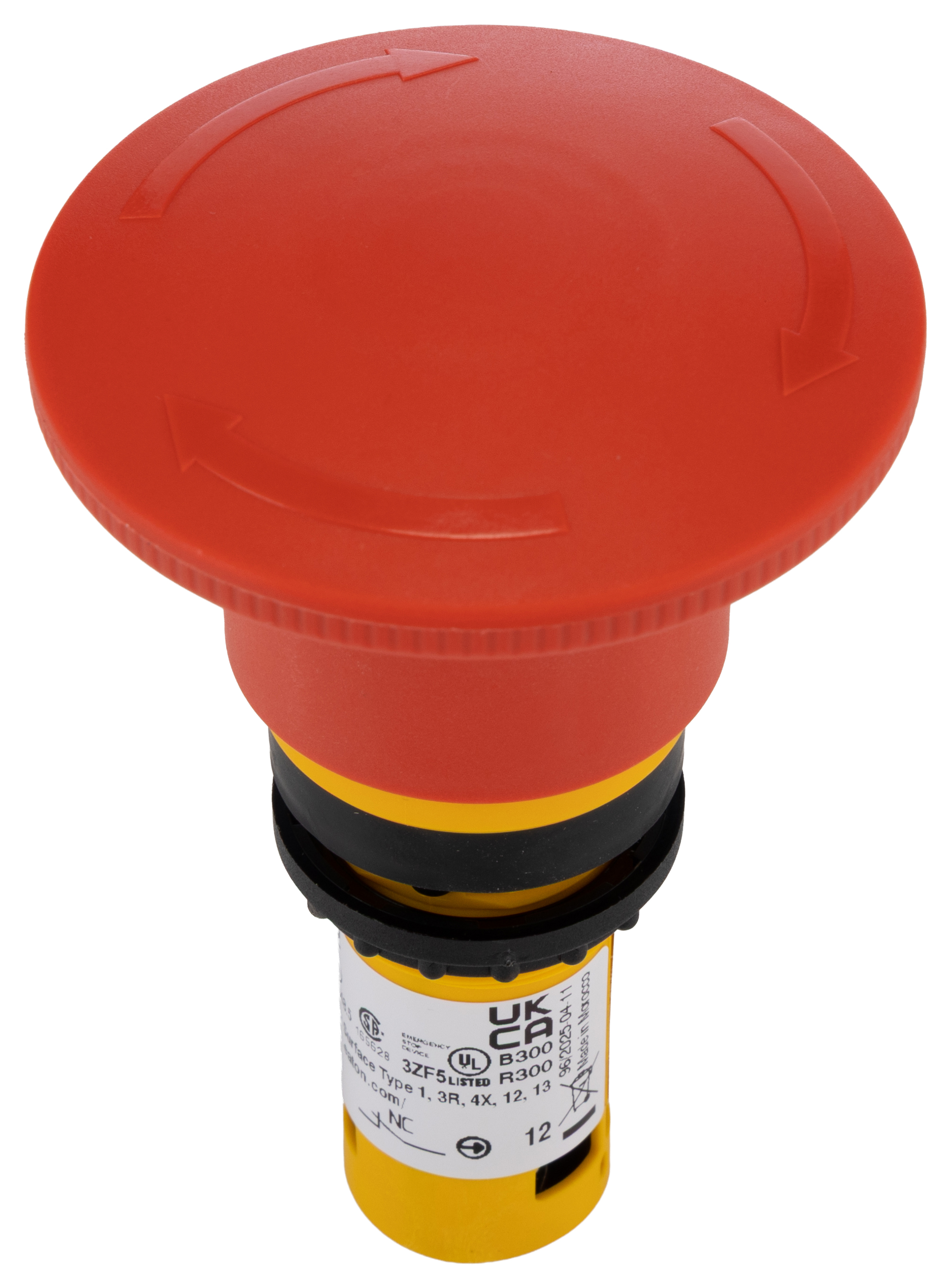 Eaton C22-PVT Series Turn to Release Emergency Stop Push Button, Built-In, 22.5 mm Cutout, 2 NC, IP67, IP69K