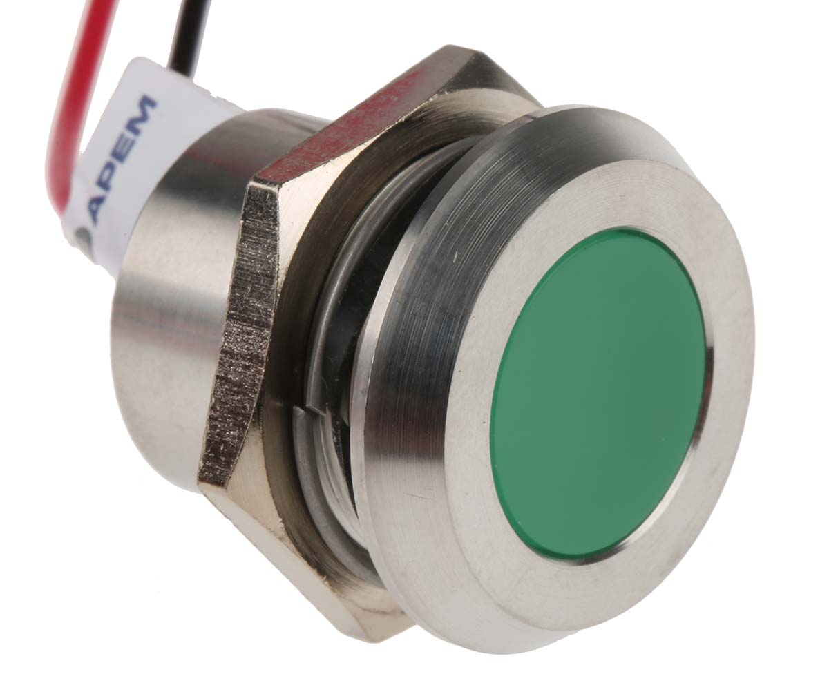 RS PRO Green Panel Mount Indicator, 24V dc, Lead Wire Termination, IP67