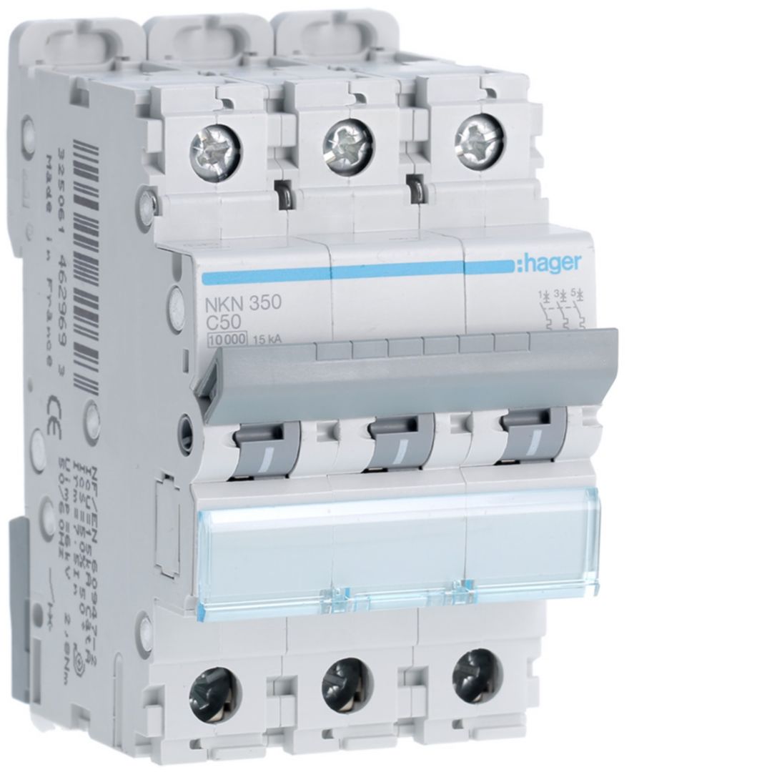 Hager Hager NKN Circuit Breaker, 3P, 50A Curve C, 400V AC, 15 kA Breaking Capacity
