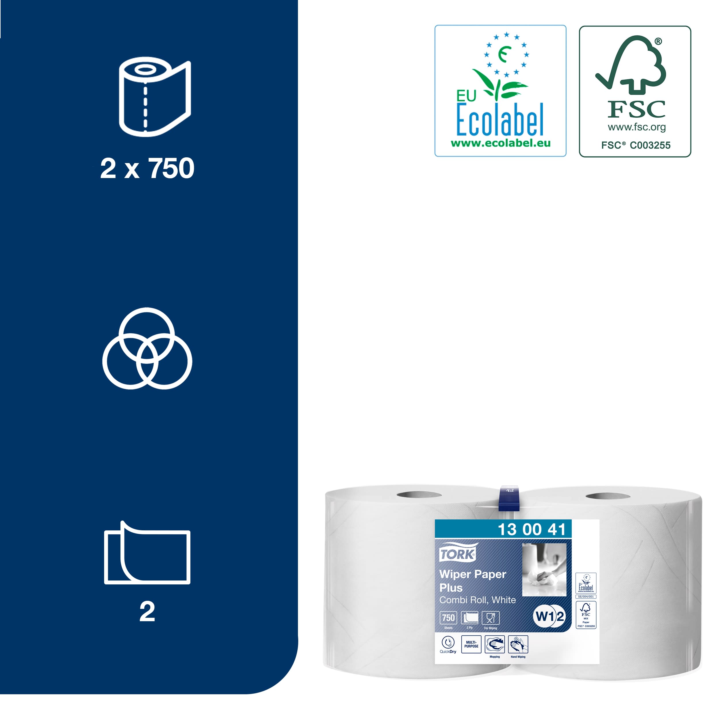 130041 Tork Tork Wiping Paper Plus Roll Paper Towel, 2, 750 Sheets