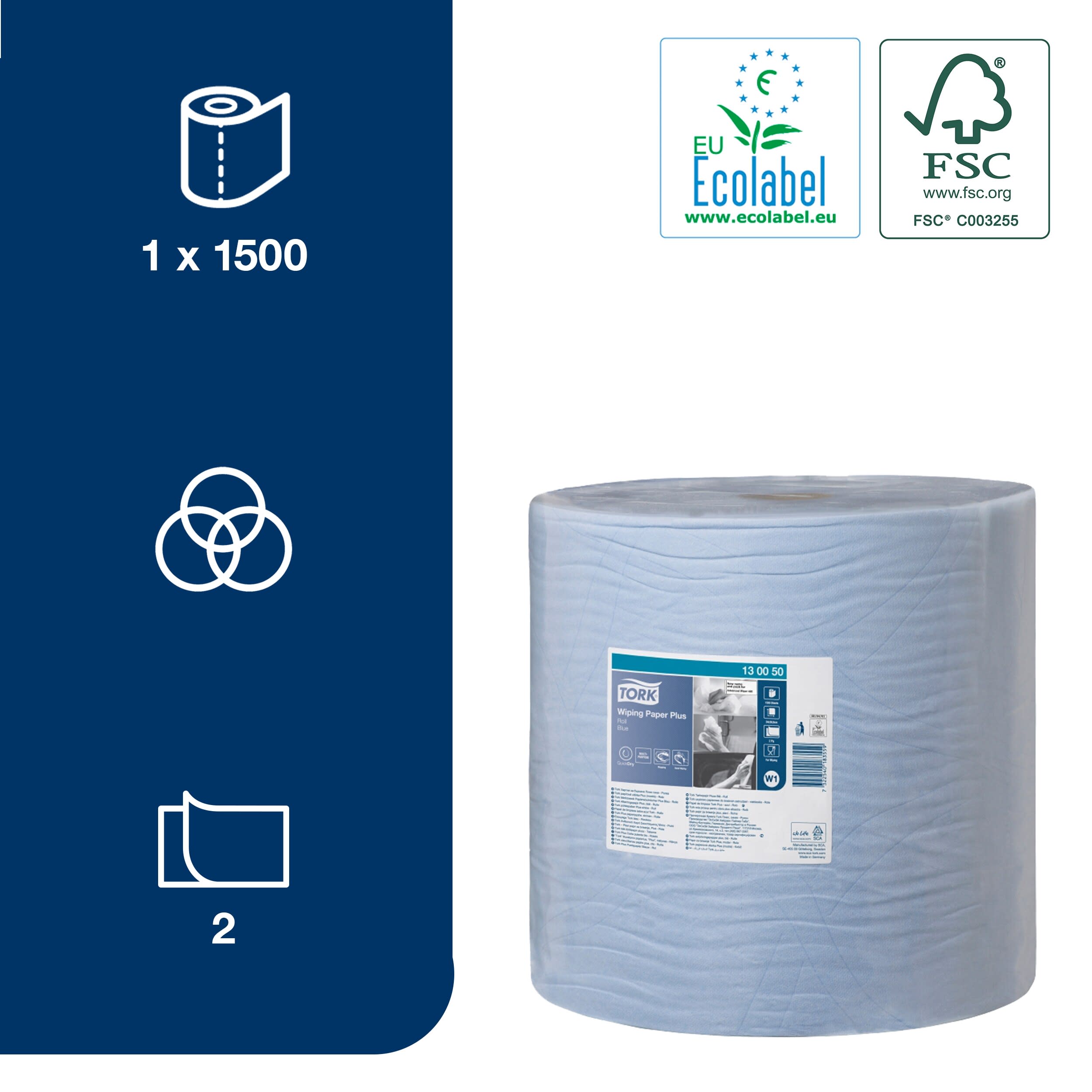 130050 Tork Wiping Paper Plus Roll Paper Towel, 510 m x 369 mm, 2, 1500 Sheets