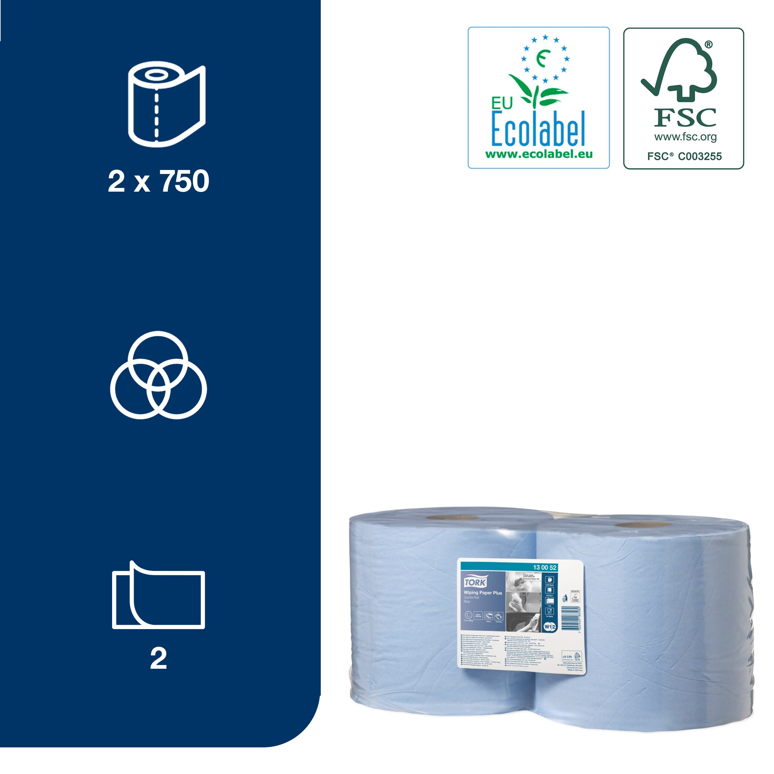 130052 Tork Wiping Paper Plus Roll Paper Towel, 2, 750 Sheets