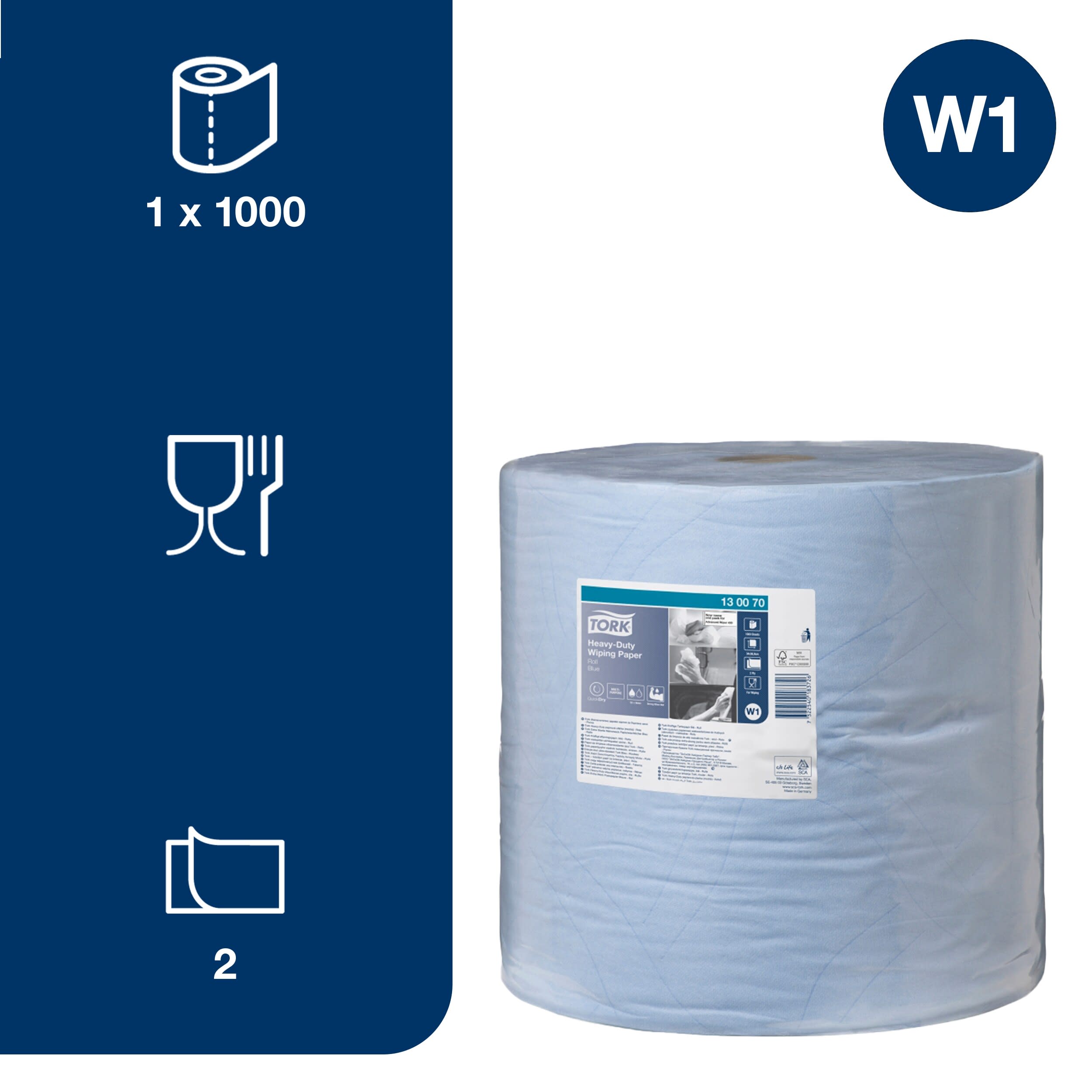 130070 Tork Heavy-Duty Wiping Roll Paper Towel, 340 m x 369 mm, 2, 1000 Sheets