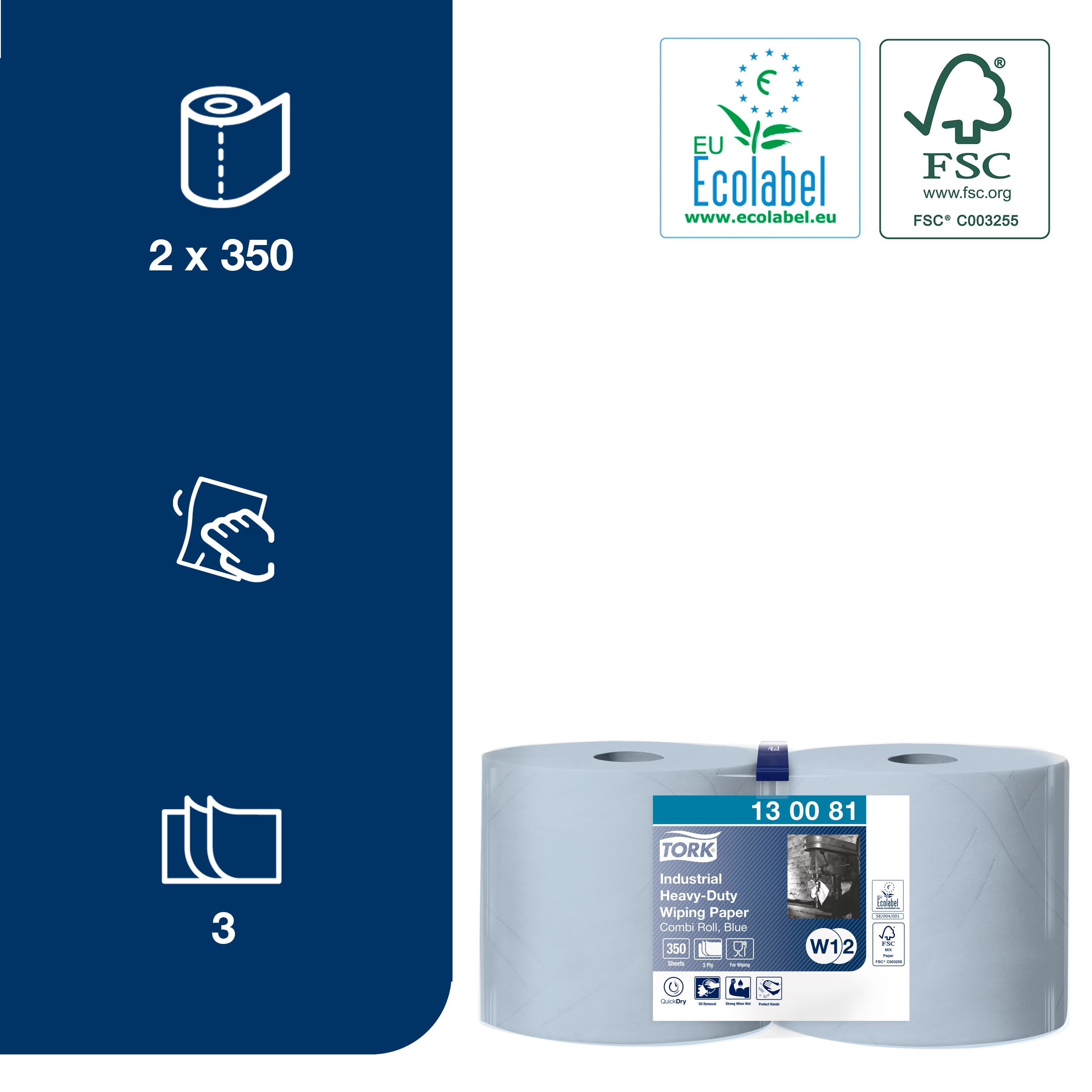 130081 Tork Industrial Heavy-Duty Wiping Roll Paper Towel, 119 m x 235 mm, 3, 350 Sheets
