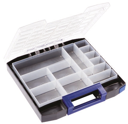 134835 Raaco 12 Cell Blue Polycarbonate, Polypropylene Compartment Box, 55 mm x 354mm x 323 mm