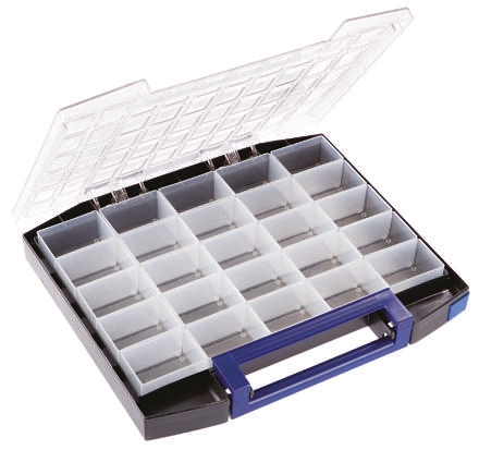 134873 Raaco 25 Cell Blue Polycarbonate, Polypropylene Compartment Box, 55 mm x 421mm x 361 mm