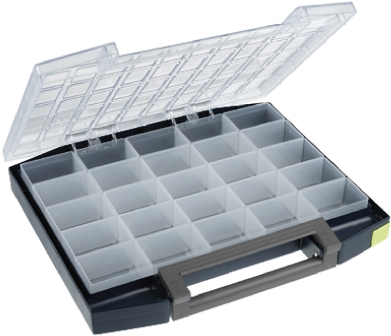 134873 Raaco 25 Cell Blue Polycarbonate, Polypropylene Compartment Box, 55 mm x 421mm x 361 mm