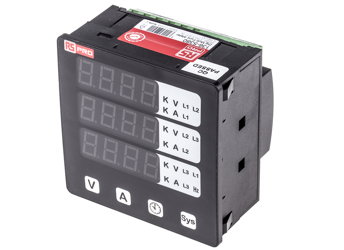 RS PRO Alpha 10 LED Digital Panel Multifunction Meter for Hour, Rotational speed, Frequency, AC Current, AC Voltage,  92
