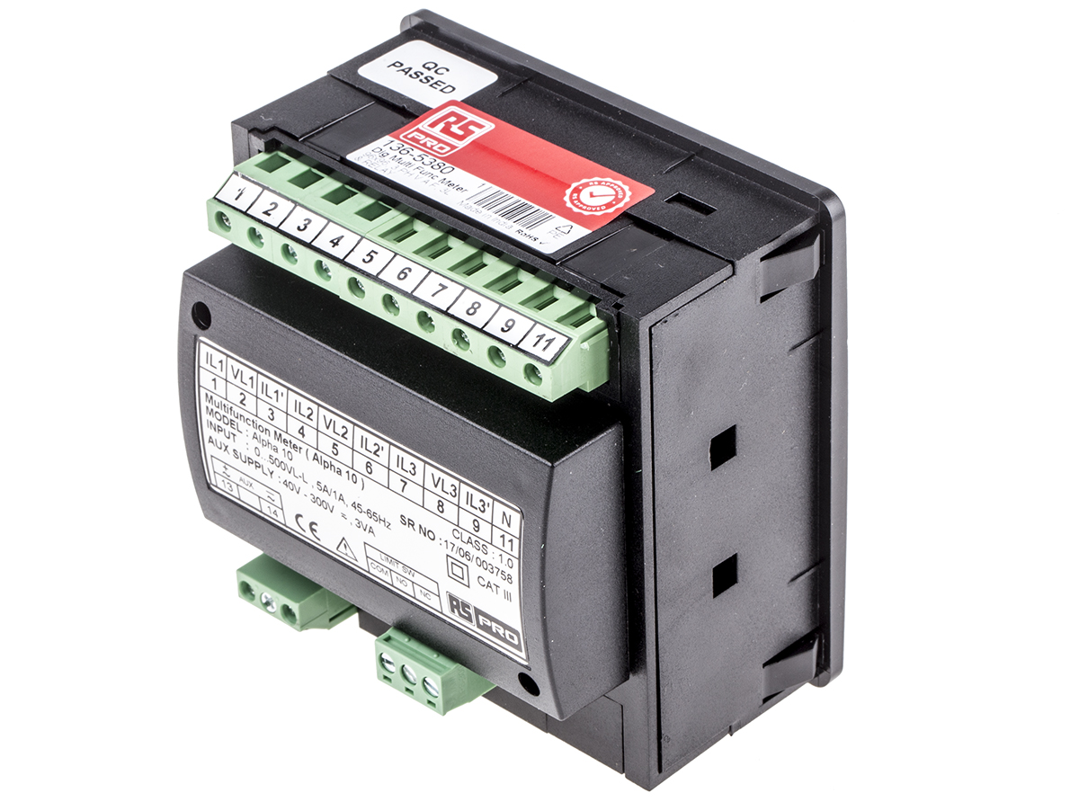 136-5380 RS PRO Alpha 10 LED Digital Panel Multifunction Meter for Hour, Rotational speed, Frequency, AC Current, AC Voltage,  92