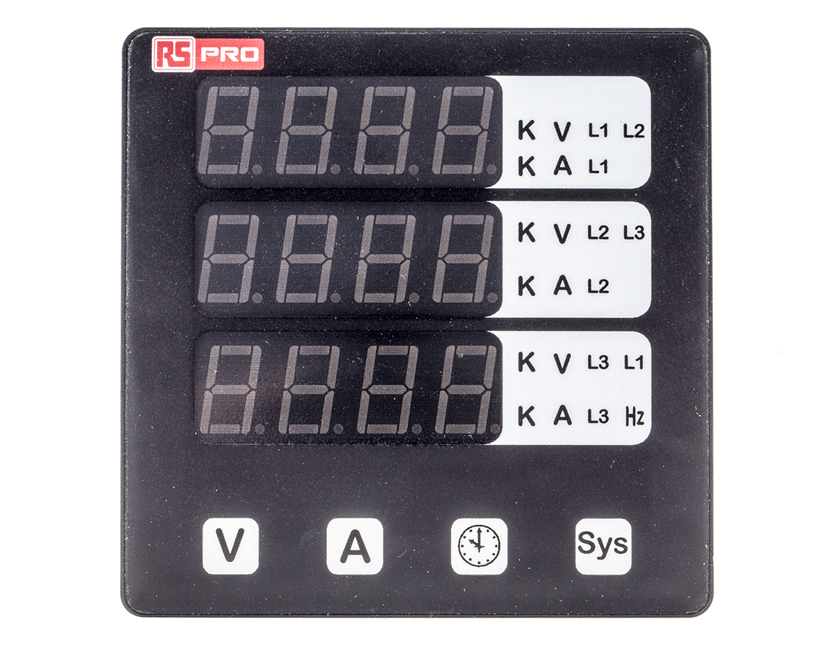 136-5380 RS PRO Alpha 10 LED Digital Panel Multifunction Meter for Hour, Rotational speed, Frequency, AC Current, AC Voltage,  92