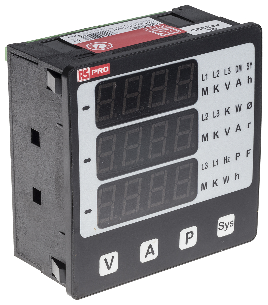 136-5381 RS PRO AP15 LED Digital Panel Multifunction Meter for Power, Voltage, Frequency, Current,  92 mm  x 92 mm