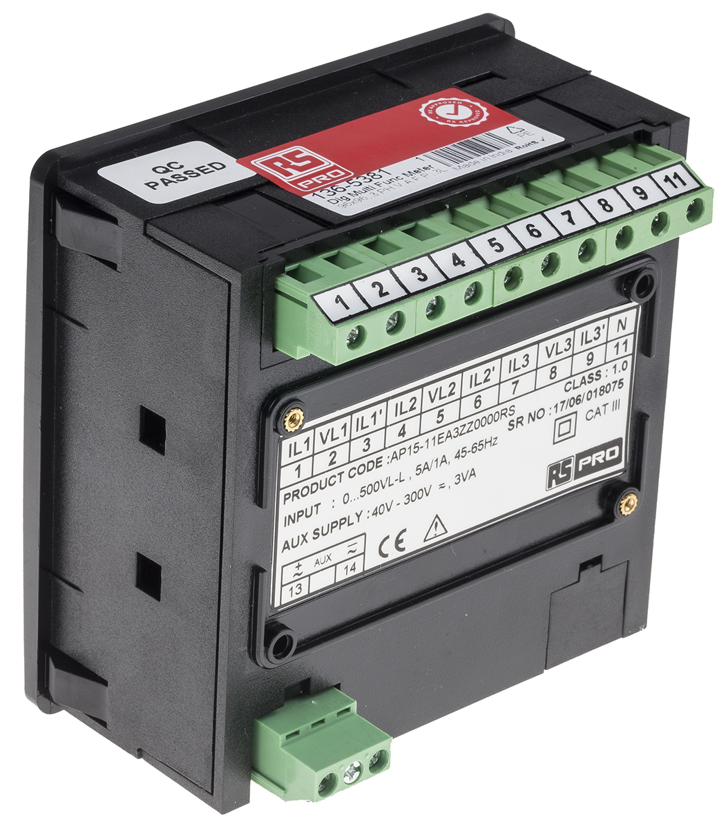 136-5381 RS PRO AP15 LED Digital Panel Multifunction Meter for Power, Voltage, Frequency, Current,  92 mm  x 92 mm