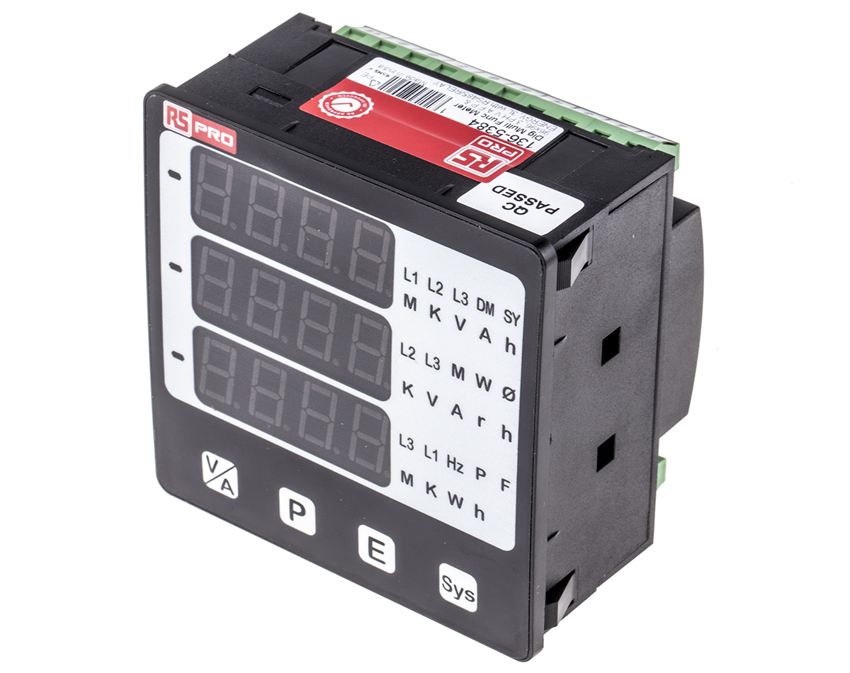 RS PRO Alpha 20 LED Digital Panel Multifunction Meter for Active, AC Current, Frequency, Power, AC Voltage, Energy,  92