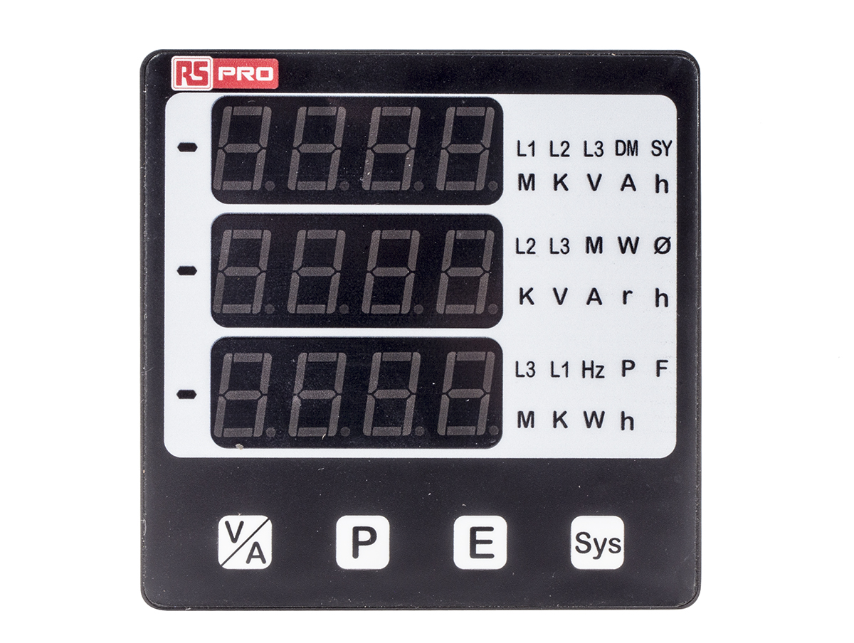 136-5384 RS PRO Alpha 20 LED Digital Panel Multifunction Meter for Active, AC Current, Frequency, Power, AC Voltage, Energy,  92