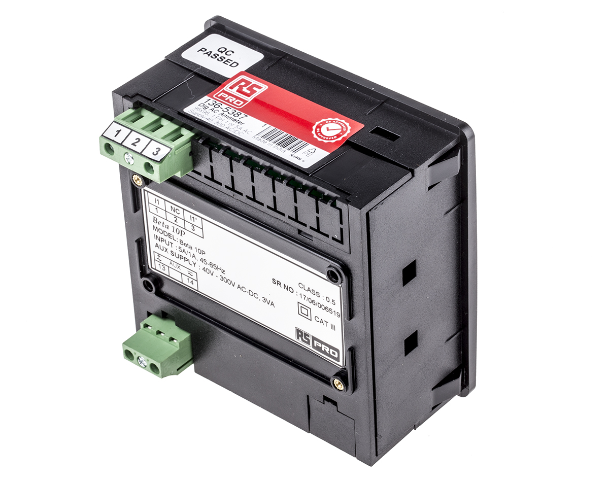 136-5387 RS PRO BT144 Digital Ammeter 5 A AC, 92 mm x 92 mm, 0.5 % rdg + 1 Digits