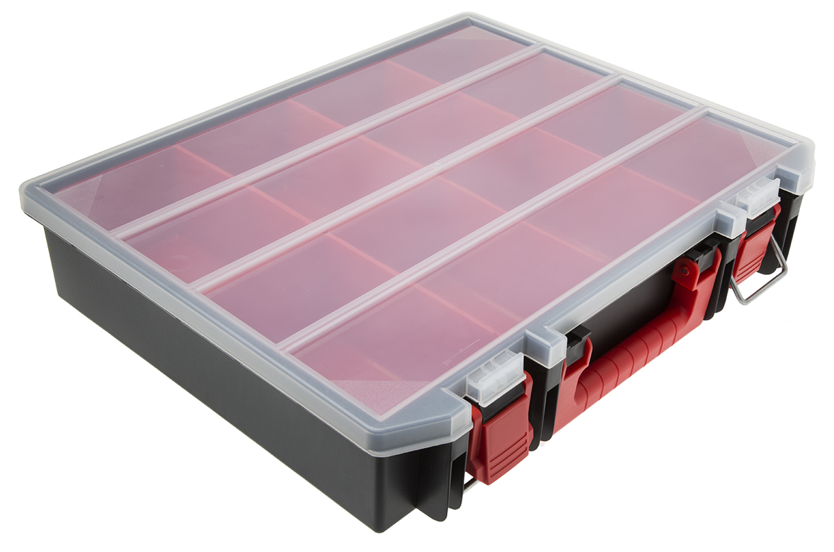 RS PRO 8 Cell Black, Red Polypropylene Compartment Box, 91 mm x 416mm x 336 mm