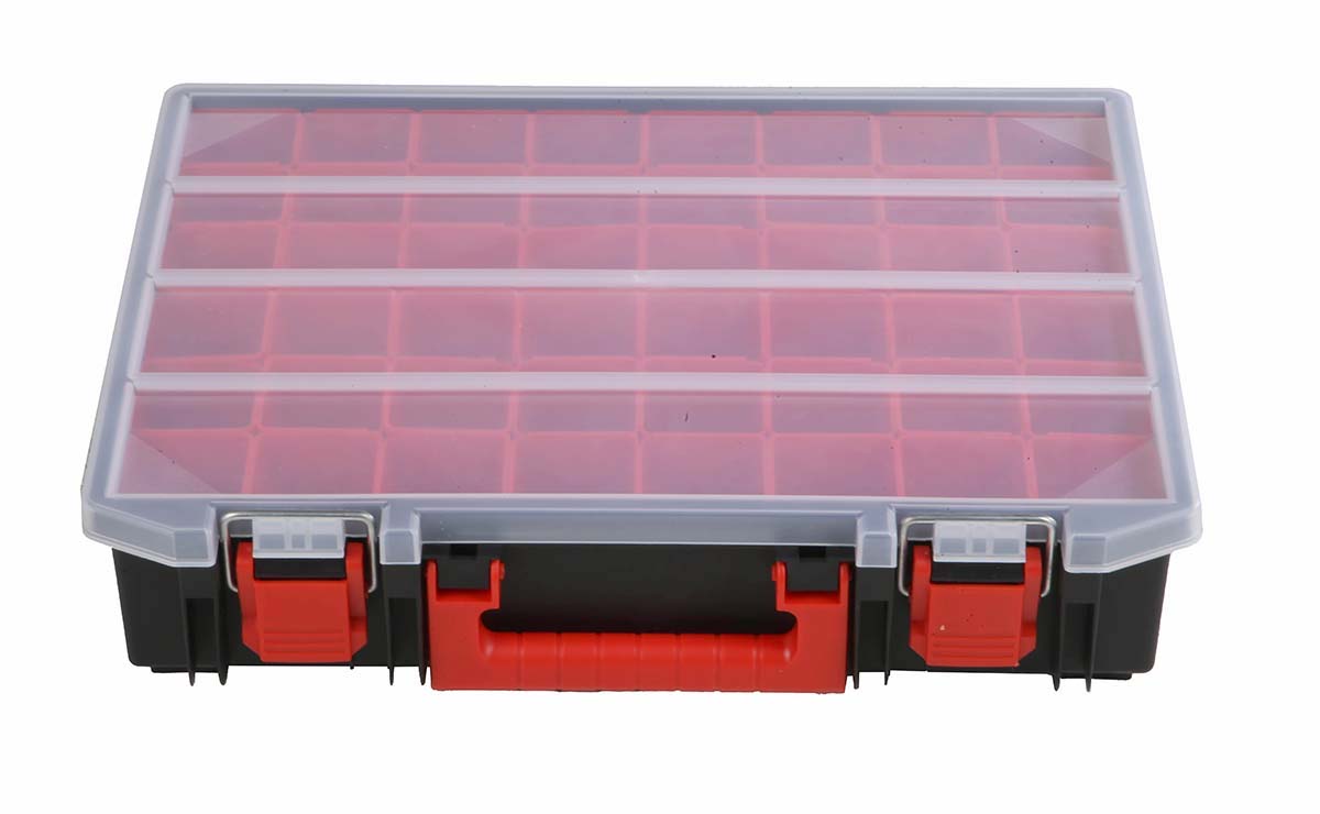 136-8907 RS PRO 48 Cell Black, Red Polypropylene Compartment Box, 91 mm x 416mm x 336 mm