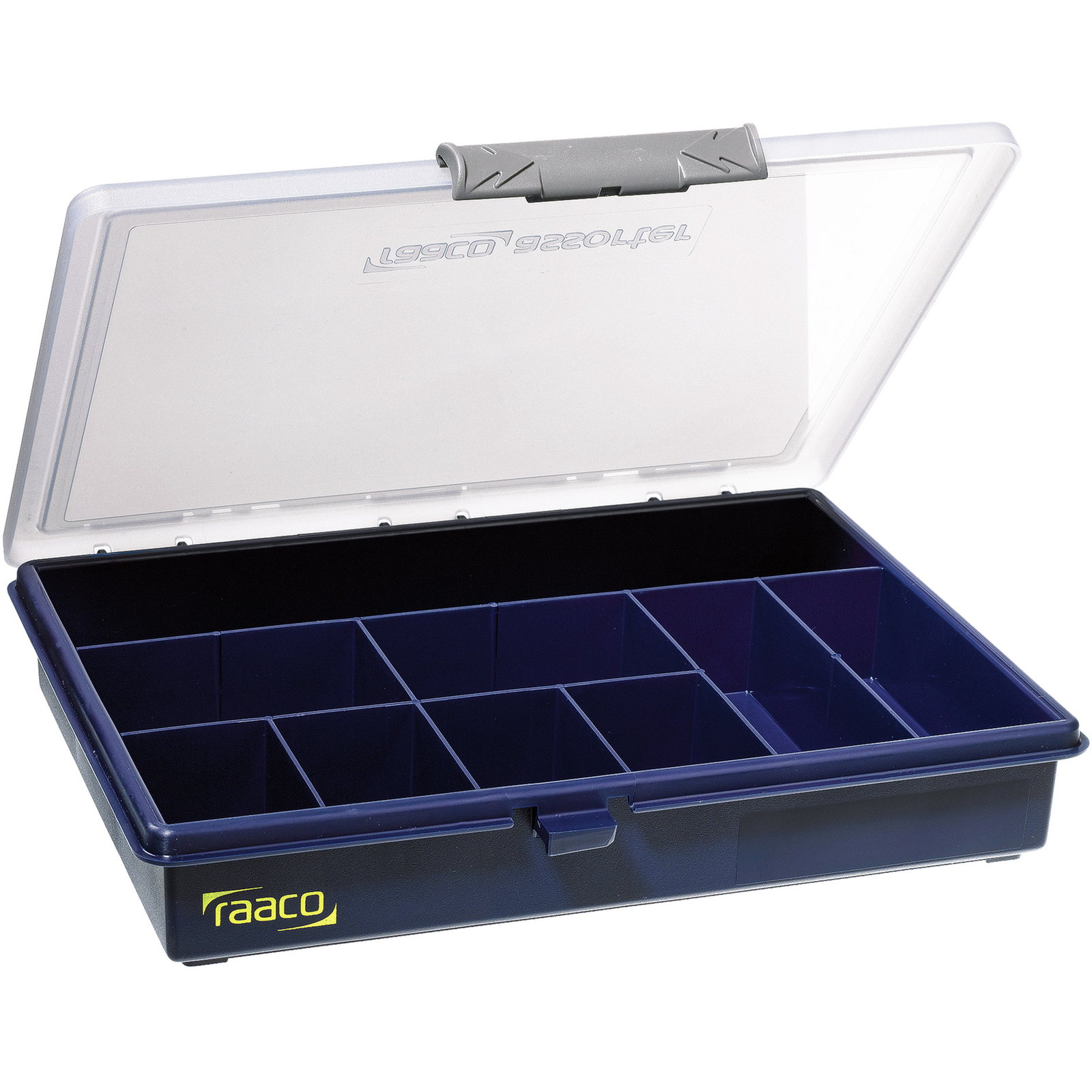 Raaco 9 Cell Transparent, Blue Polypropylene Compartment Box, 43 mm x 240mm x 195 mm
