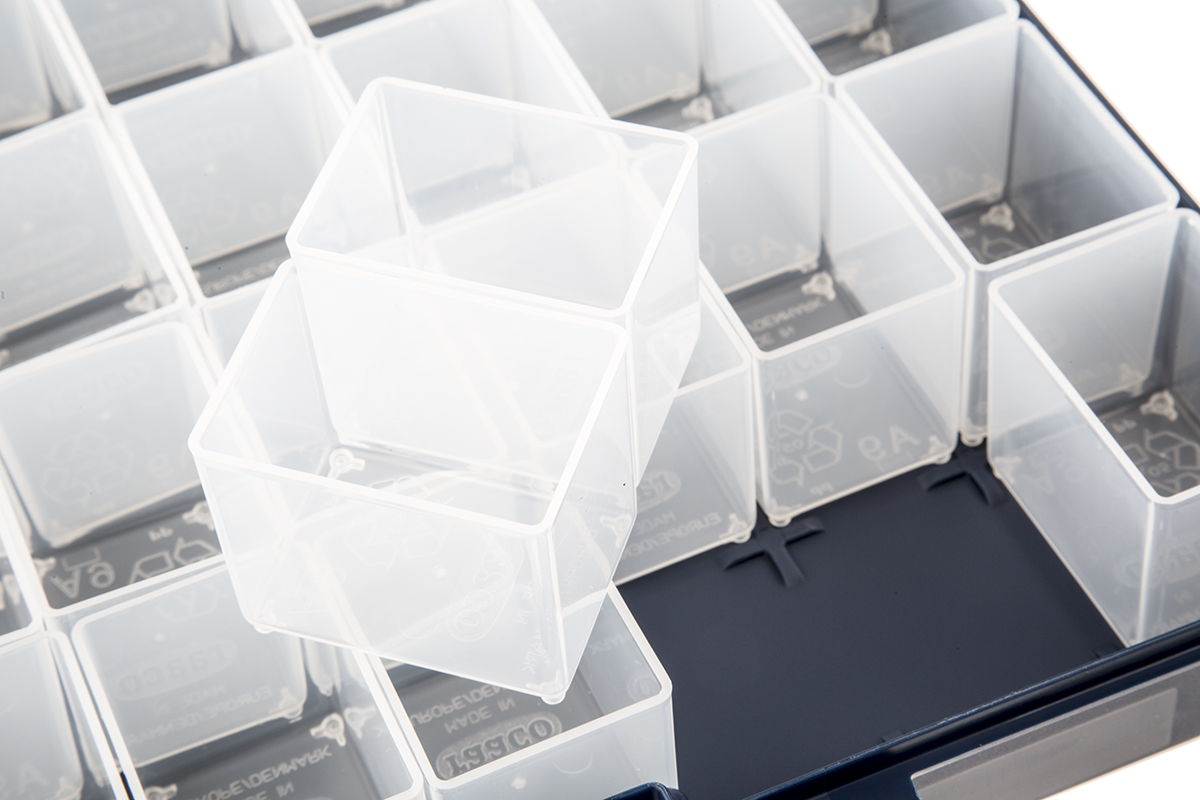 136280 Raaco 50 Cell Blue Polycarbonate, Polypropylene Compartment Box, 55 mm x 425mm x 330 mm