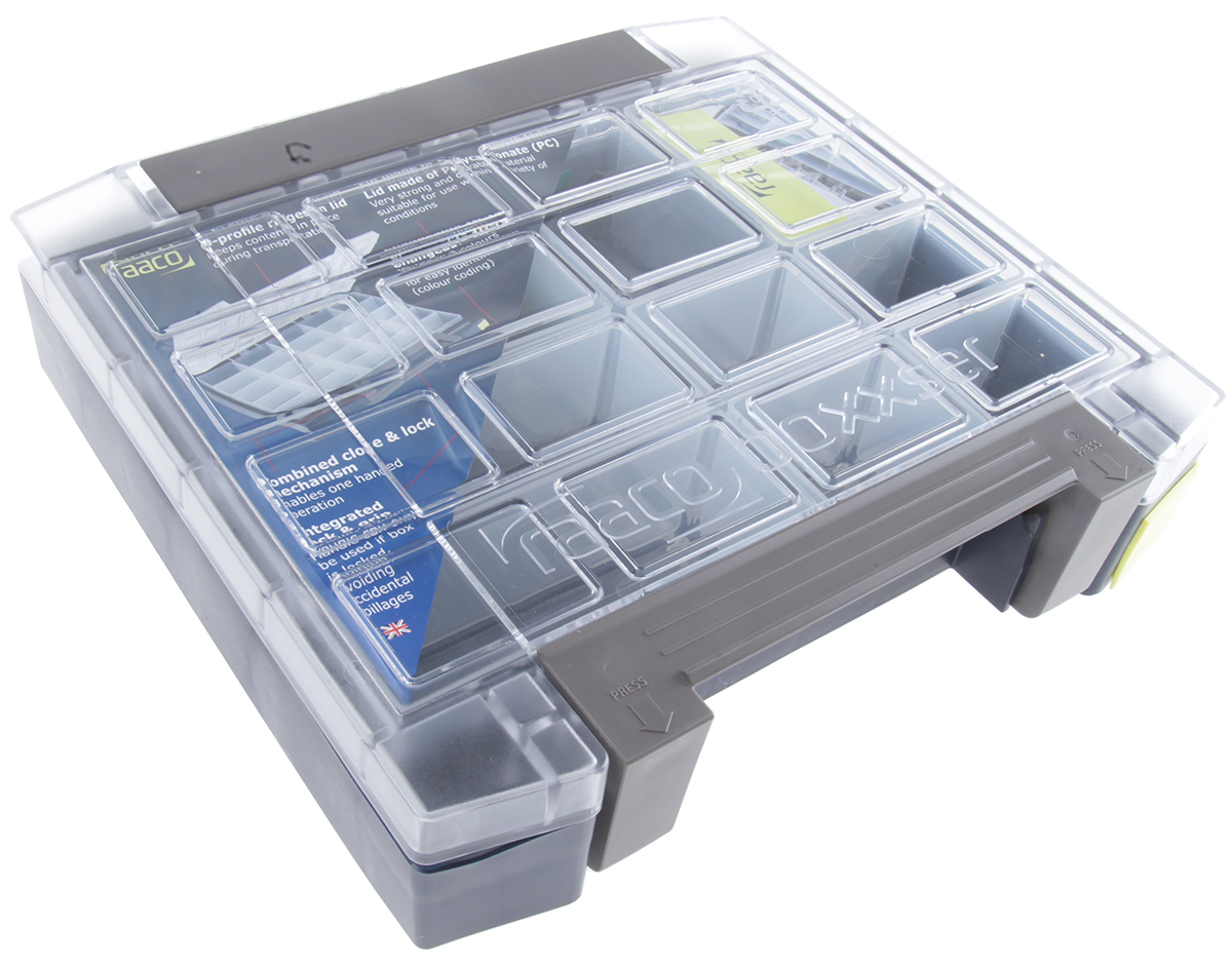 137942 Raaco 4 Cell Blue Polycarbonate Adjustable Compartments Compartment Box, 342 mm x 290mm x 247 mm