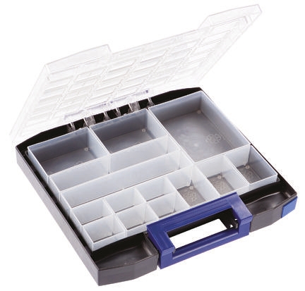 138345 Raaco 14 Cell Blue Polycarbonate, Polypropylene Compartment Box, 55 mm x 354mm x 323 mm