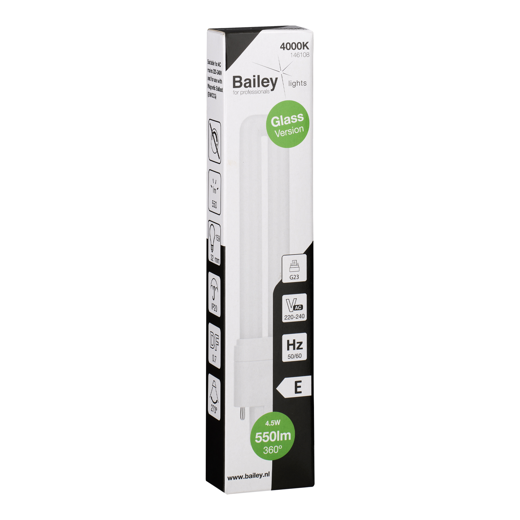 146108 Bailey Electric LED PL G23 LED Bulbs, Neutral White, Clear, Single Ended shape