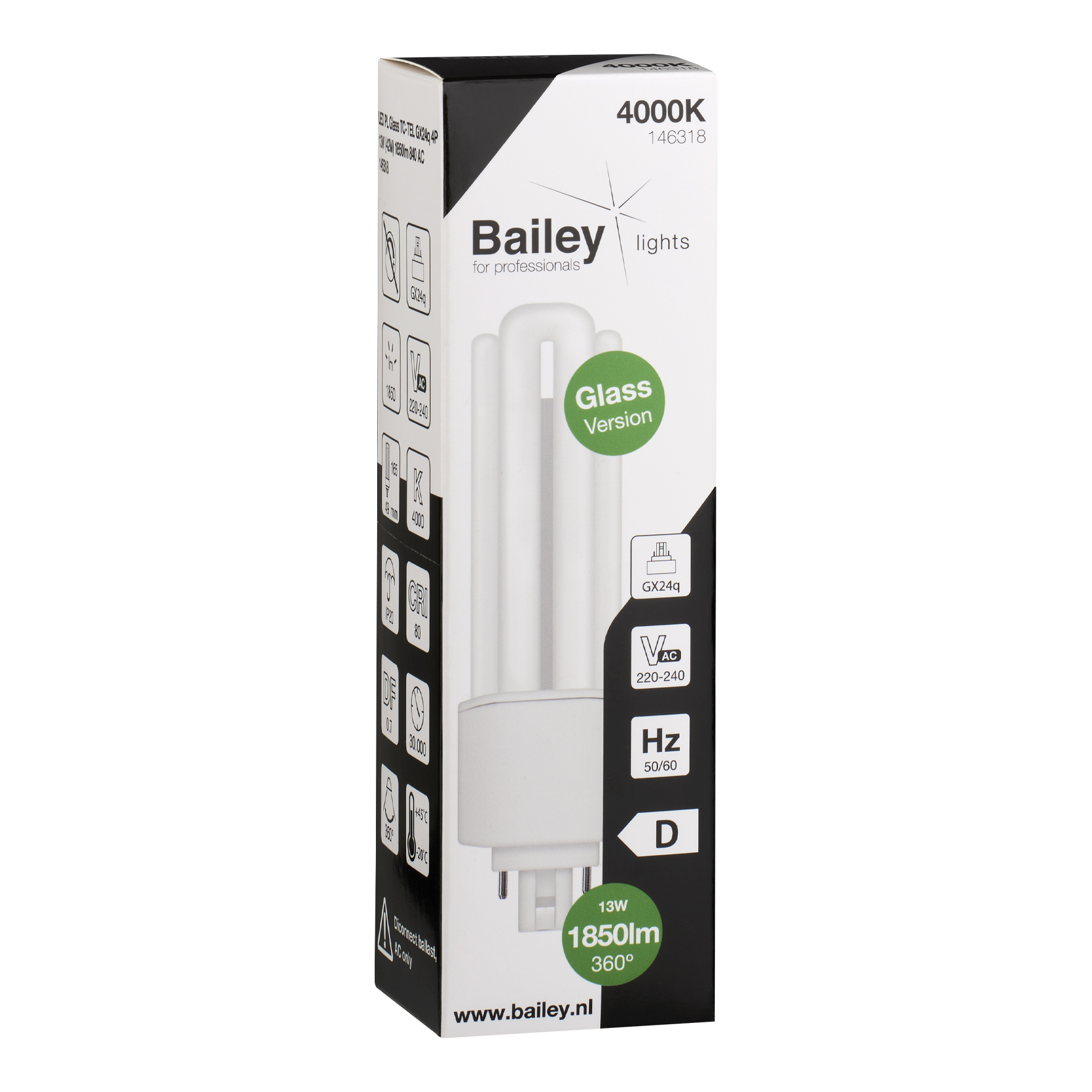 146318 Bailey Electric LED PL GX24q LED Bulbs, Neutral White, Clear, Single Ended shape