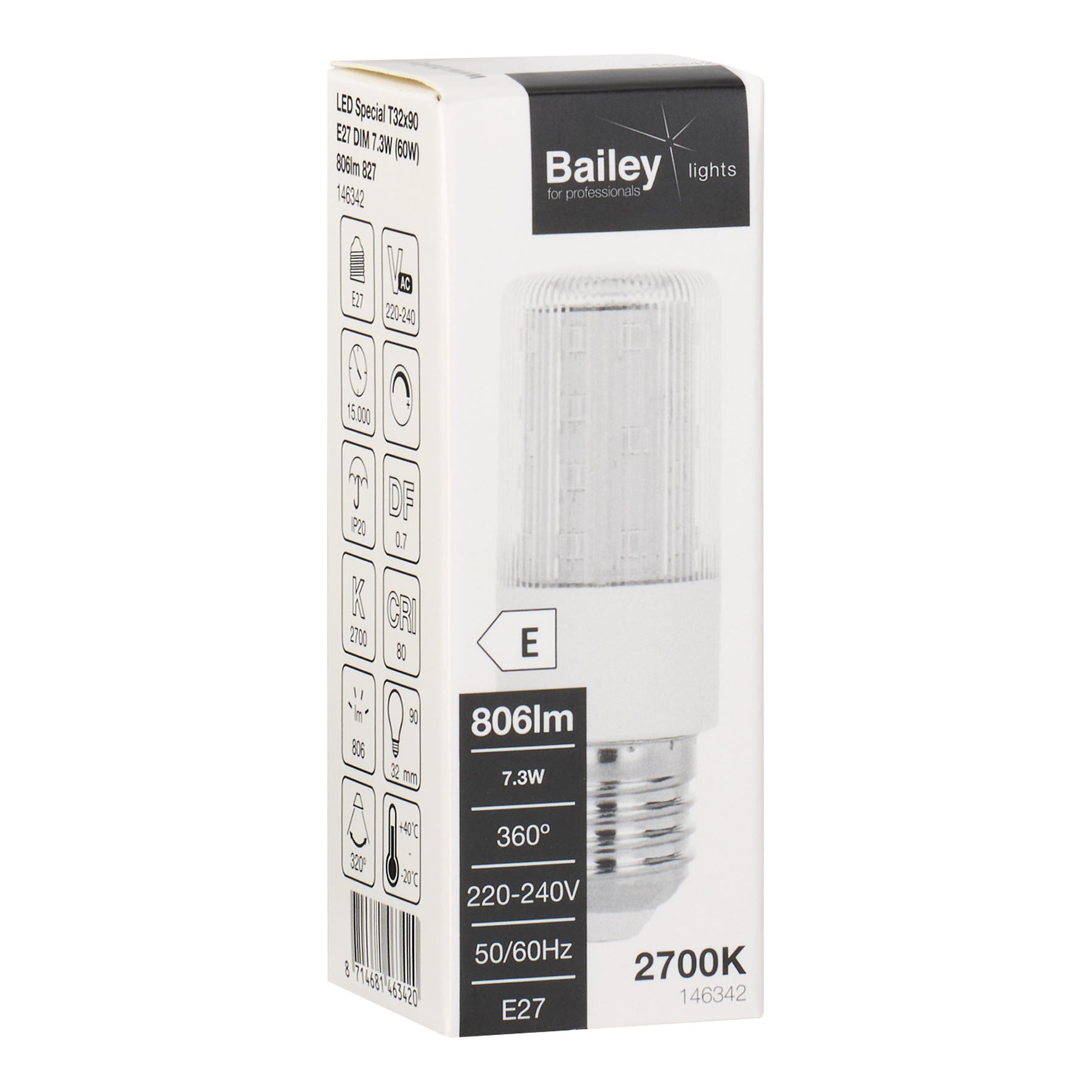 146342 Bailey Electric LED SPECIAL E27 LED Bulbs, Warm White, Clear, Single Ended shape