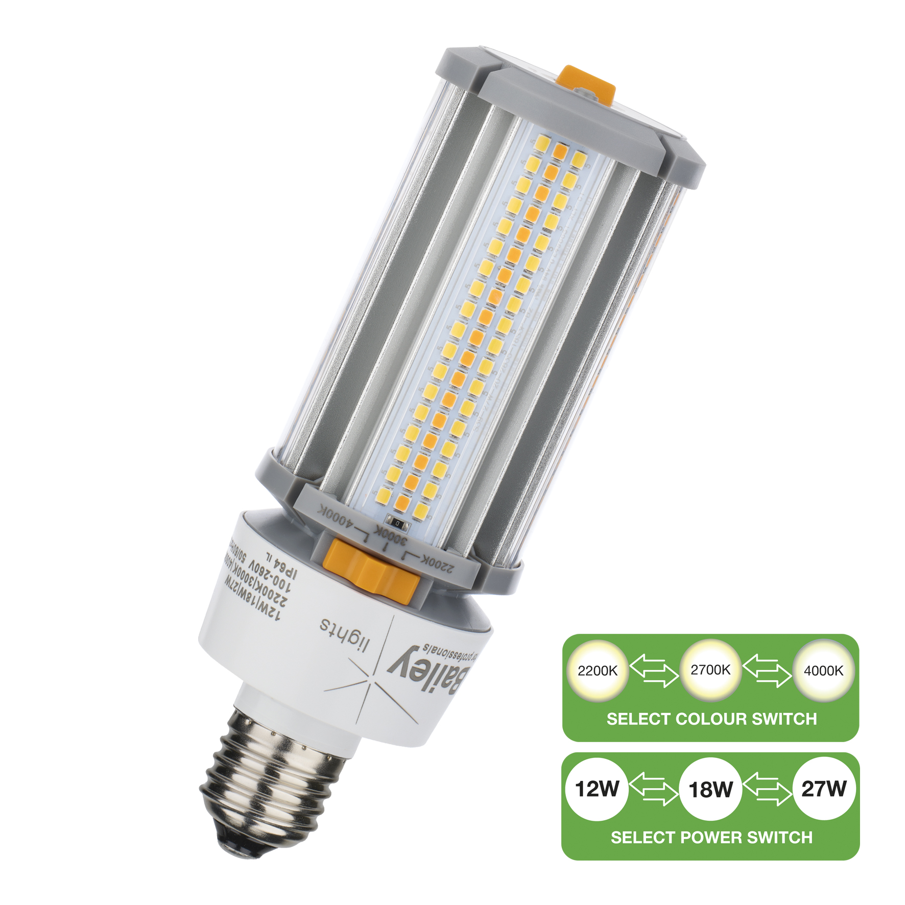 Bailey Electric LED Corn E27 LED Corn Lamp, Warm White, Clear, Single Ended shape