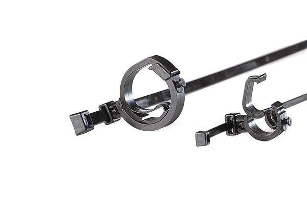 HellermannTyton Cable Tie, 2-Piece Fixing Tie with Automatic Harness Clip, 390 mm x 7.6mm, Black Polyamide 66