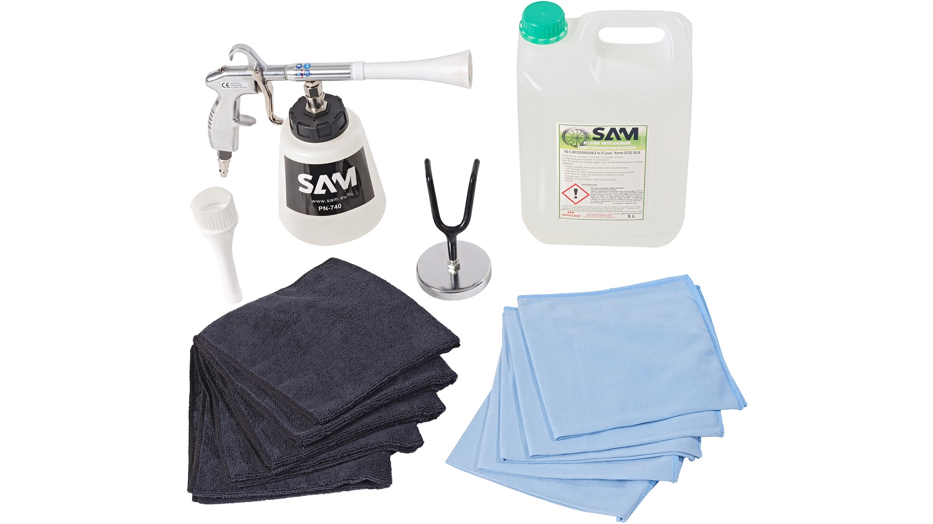 SAM 10 Piece Wheel Rim Cleaning Kit Tool Kit with Vertical Storage Support Hook
