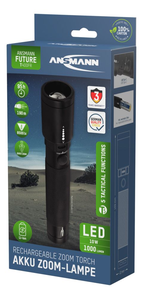 1600-0150 Ansmann LED Torch Black Rechargeable 1000 lm, 168.4 mm
