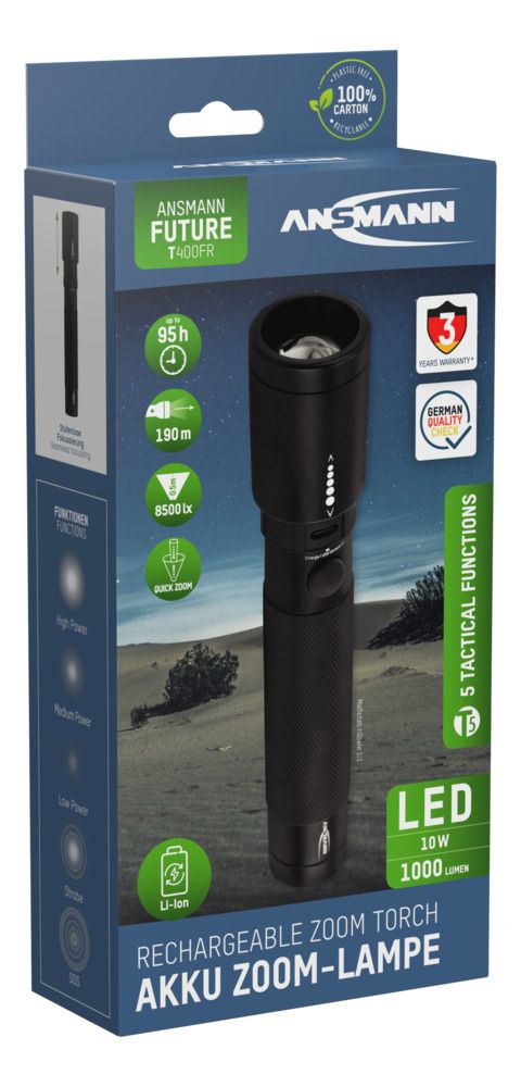 1600-0150 Ansmann LED Torch Black Rechargeable 1000 lm, 168.4 mm