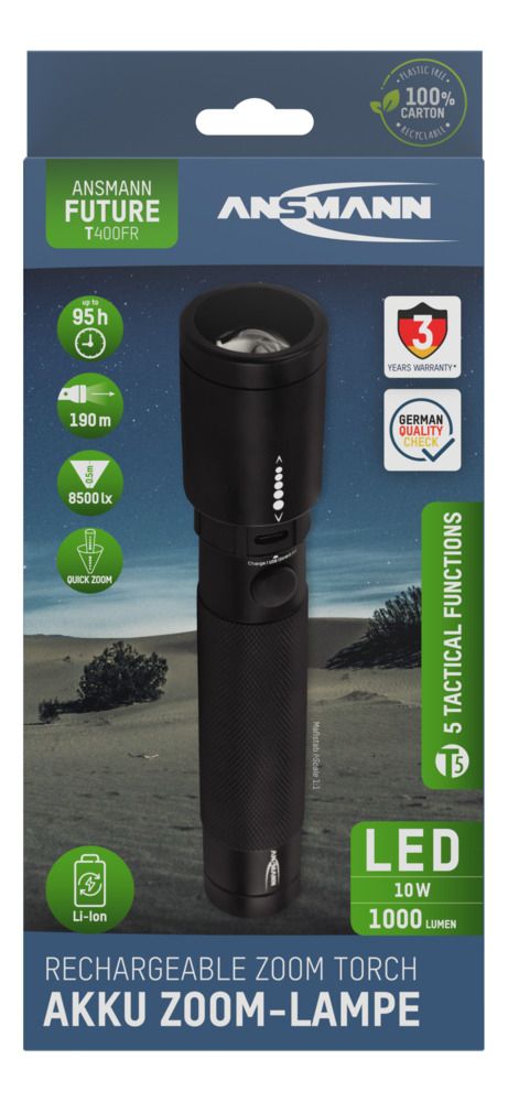 1600-0150 Ansmann LED Torch Black Rechargeable 1000 lm, 168.4 mm