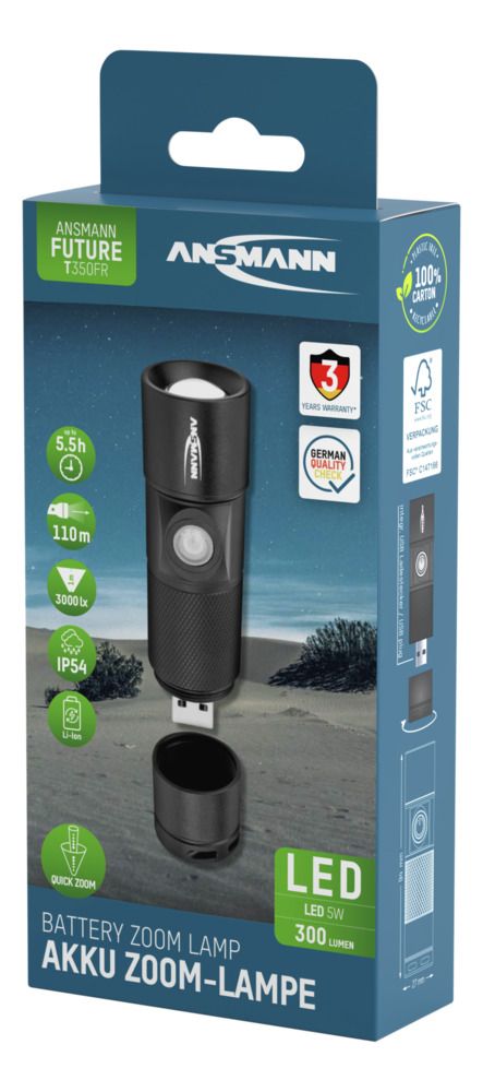 1600-0247 Ansmann LED Torch Black Rechargeable 300 lm, 98.5 mm