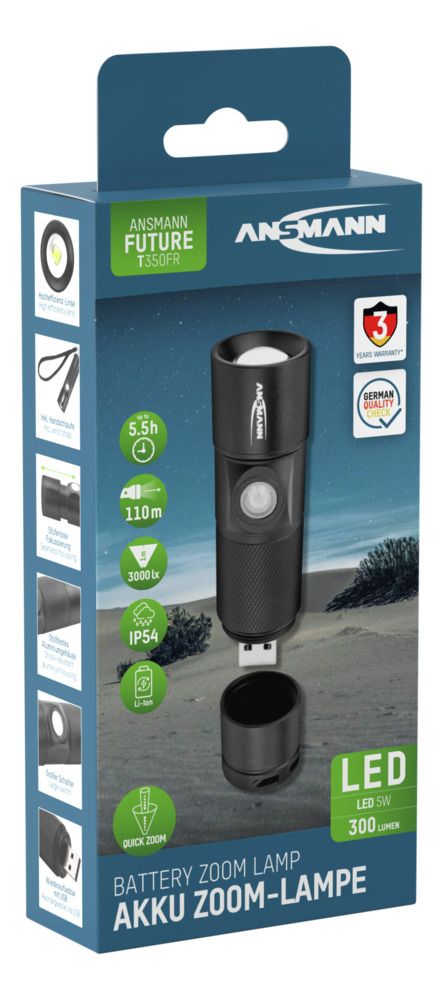 1600-0247 Ansmann LED Torch Black Rechargeable 300 lm, 98.5 mm