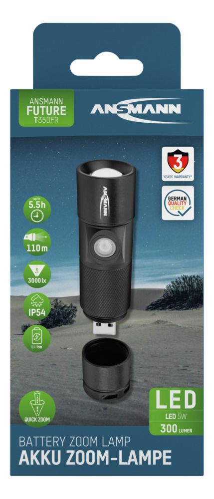 1600-0247 Ansmann LED Torch Black Rechargeable 300 lm, 98.5 mm