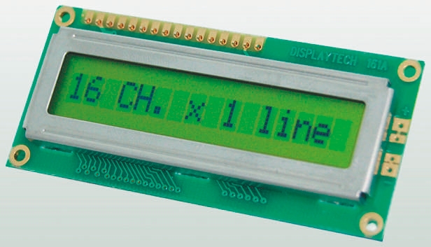 Displaytech Alphanumeric LED LCD Monochrome Display, Yellow on Green, 1 Row By 16 Characters
