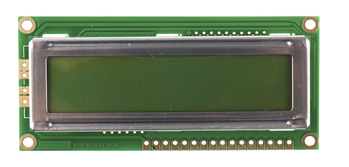 Displaytech Alphanumeric LED LCD Monochrome Display, Yellow, Green on Green, 2 x 16