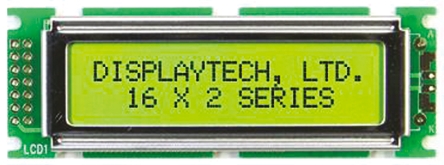 Displaytech Alphanumeric LED LCD Monochrome Display, Yellow on Green, 2 x 16