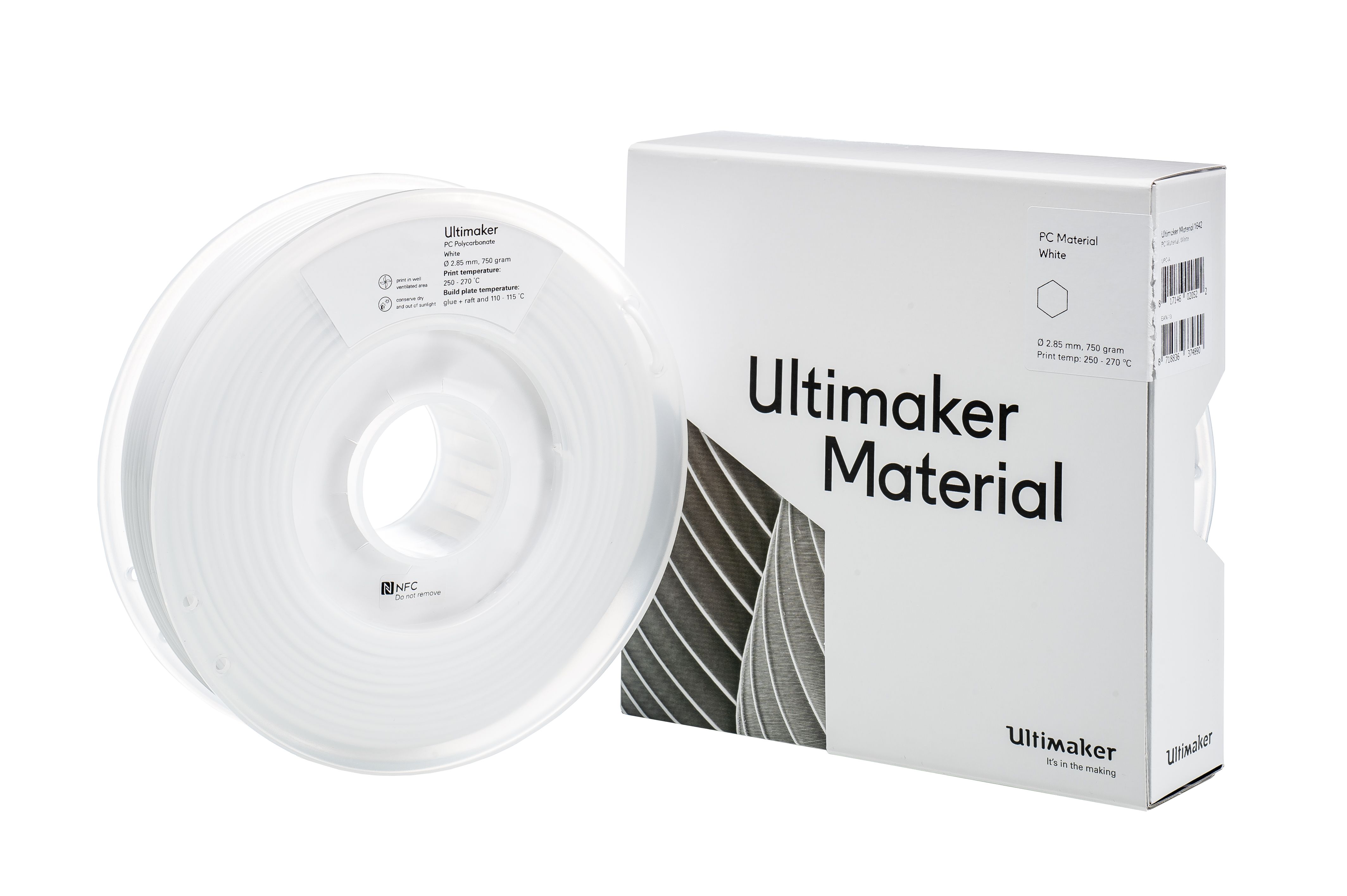1642 Ultimaker 2.85 mm White Polycarbonate 3D Printer Filament, 750 g
