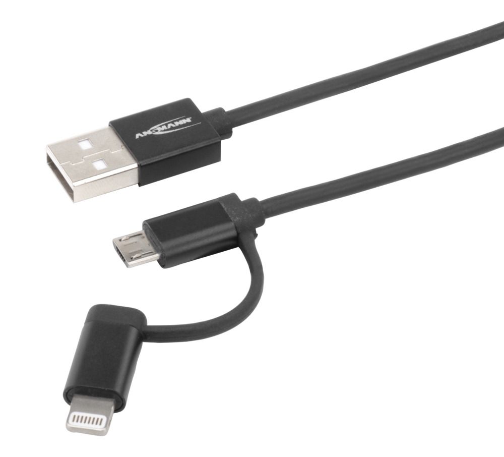 1700-0136 Ansmann IC Socket USB Cable, Male USB Type A to Female Lightning Connector, Micro USB Type B, USB Type C, Black, 1.2 m