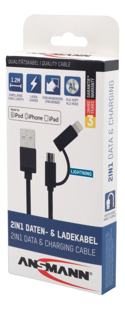 1700-0136 Ansmann IC Socket USB Cable, Male USB Type A to Female Lightning Connector, Micro USB Type B, USB Type C, Black, 1.2 m