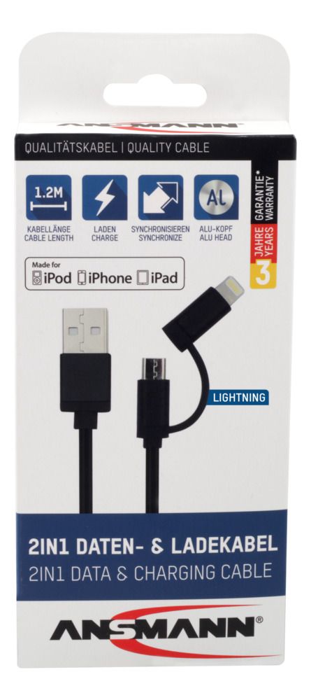 1700-0136 Ansmann IC Socket USB Cable, Male USB Type A to Female Lightning Connector, Micro USB Type B, USB Type C, Black, 1.2 m