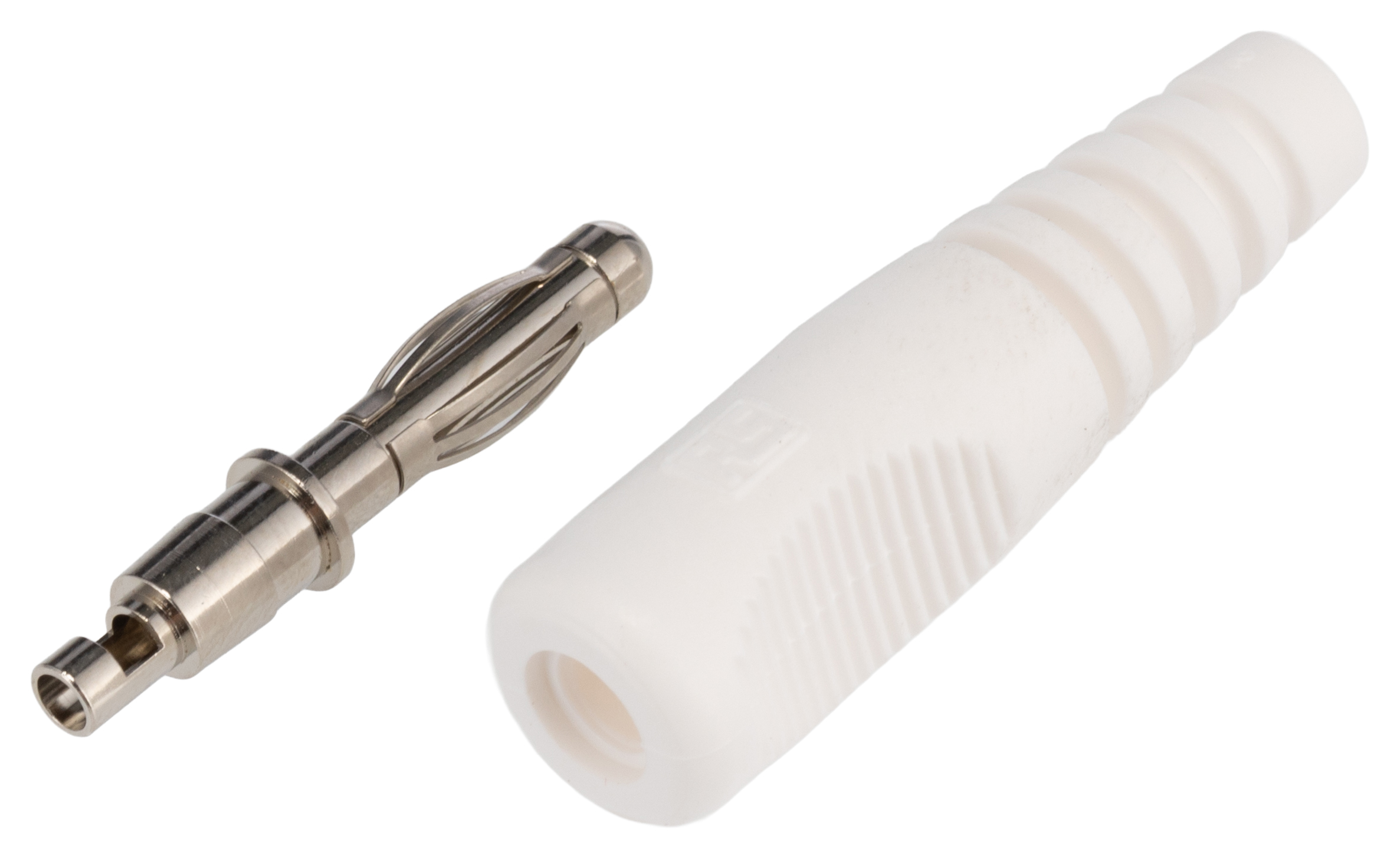 Schutzinger White Male Banana Plug, 4 mm Connector, Plug Termination, 50V, 16A, Nickel Plating