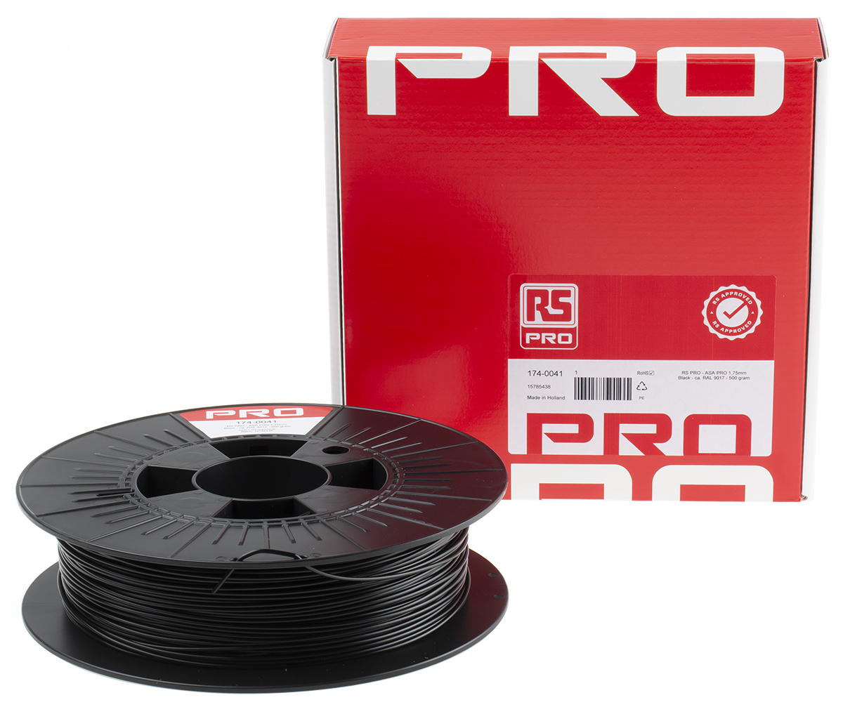 174-0041 RS PRO 1.75 mm Black ASA 3D Printer Filament, 500 g