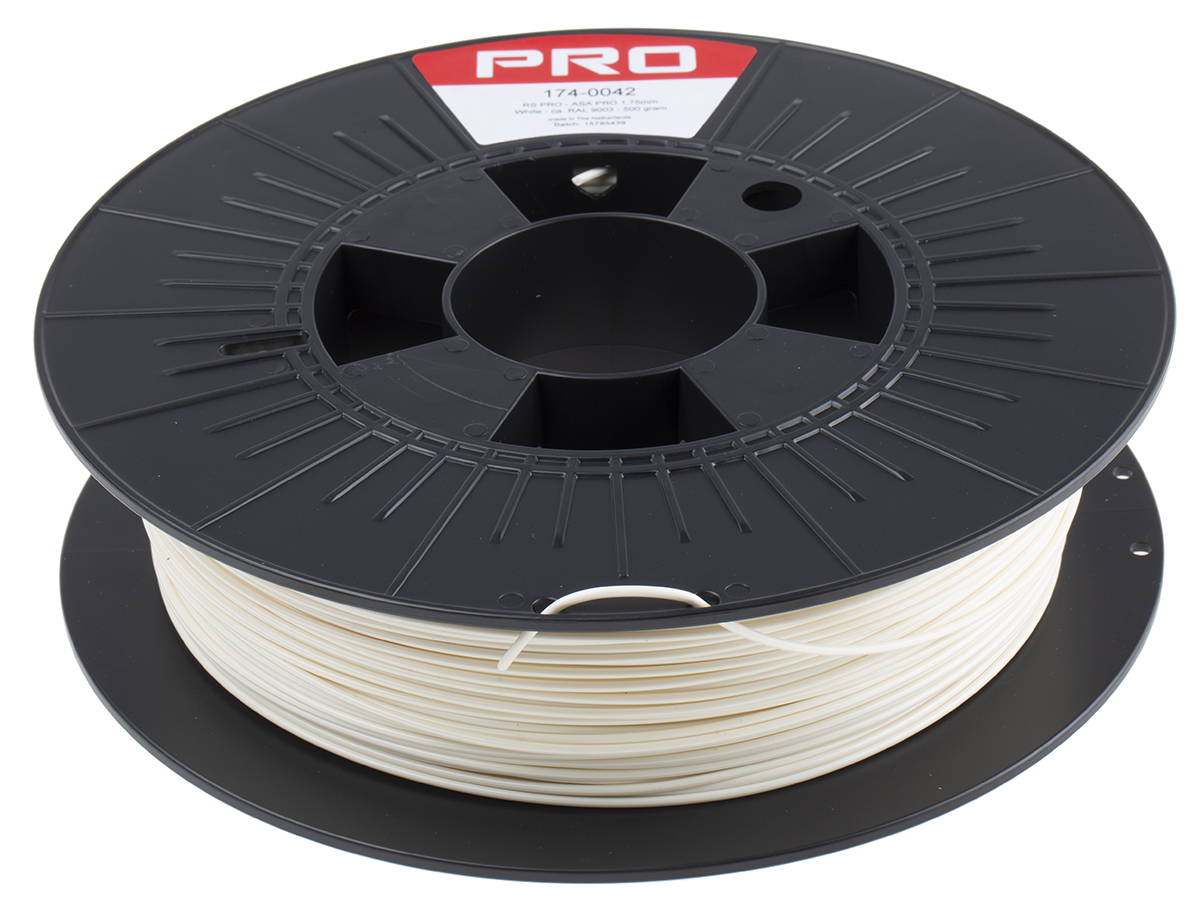 174-0042 RS PRO 1.75 mm White ASA 3D Printer Filament, 500 g